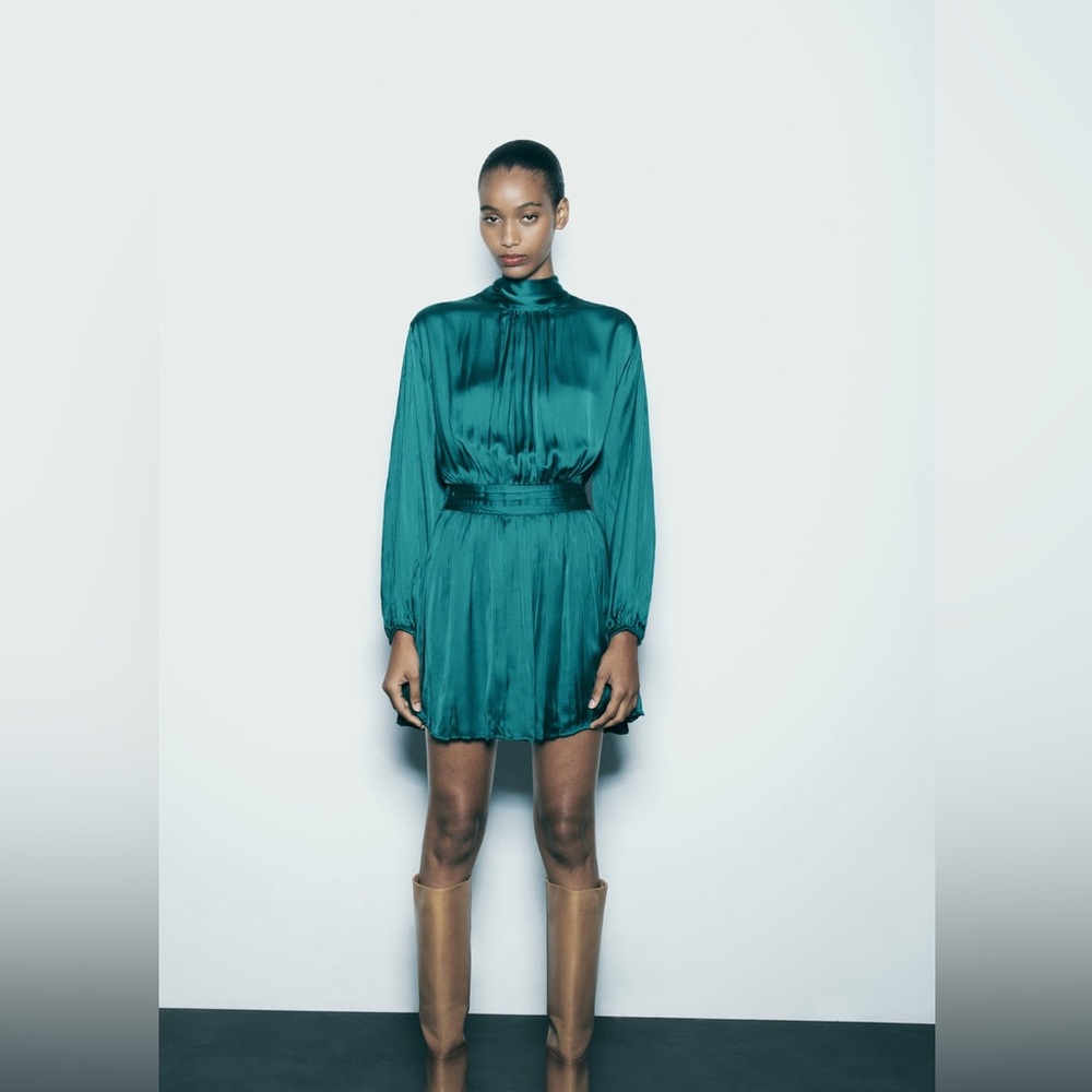Zara Wrinkled satin effect mini dress - new with tags color dawn blue medium